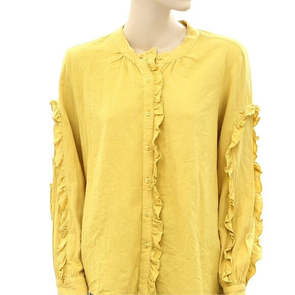 BA&SH Ochre Solid Buttondown Blouse Shirt Top Cotton Ruffle Yellow L NEW 251373 - Picture 6 of 7